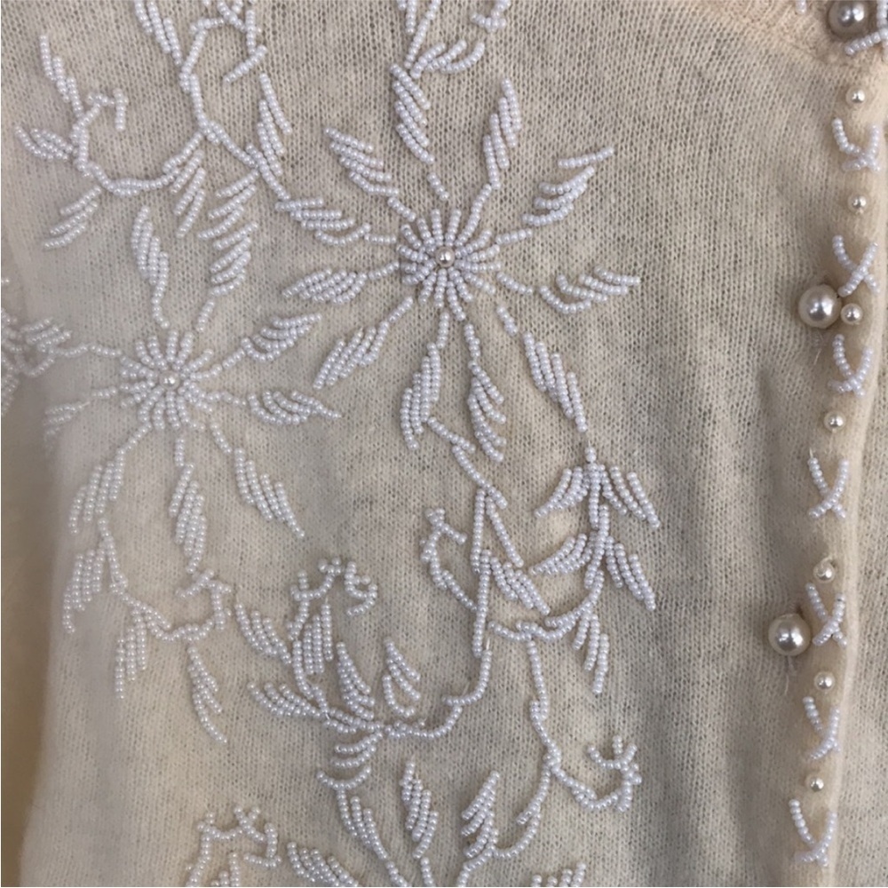 Vintage Beaded Angora Lambswool Cardigan Pearl Button Floral Knit - Picture 5 of 13